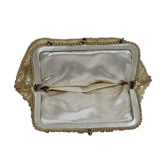 Vintage La Regale Ivory Beaded Sequin Evening Bag Purse - Mother of Pearl Inlay - Picture 6 of 9